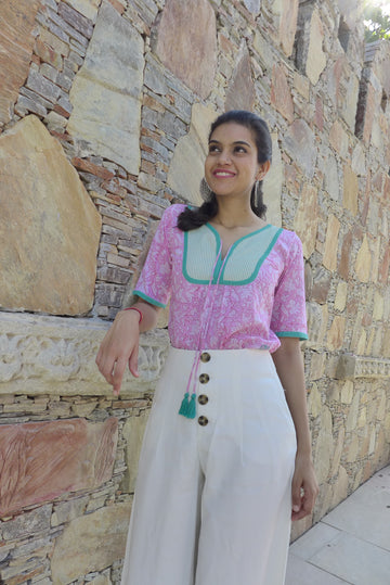 Pink Yoke top - Pink Printed Top with Green Tassel Details