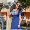 Blue Yoke Dress- Indigo Dress with Pink Tassel Details