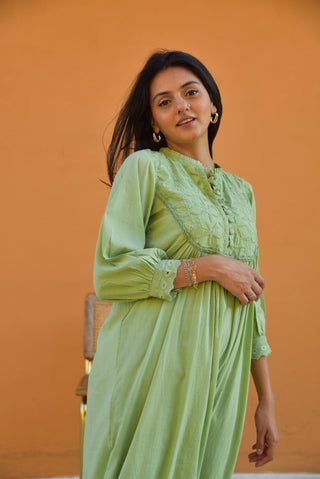 Sage Dress - Green Long Dress with Embroidery and Lace