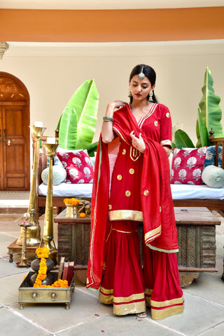 Surkh Set - Red 3-Piece Garara with Gota and Laffa Detailing