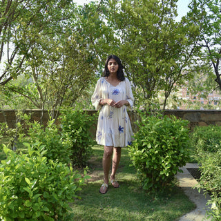 Petunia Dress - White Dress with Blue Flower Motifs