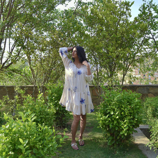 Petunia Dress - White Dress with Blue Flower Motifs