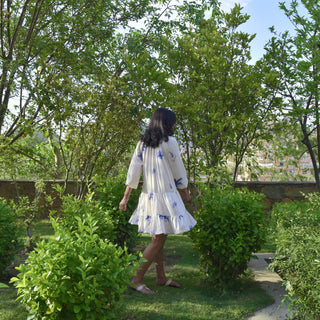 Petunia Dress - White Dress with Blue Flower Motifs