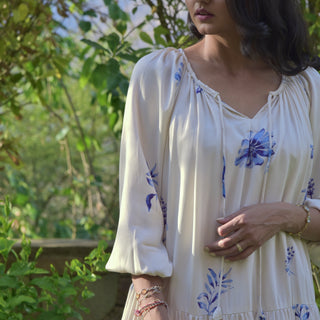 Petunia Dress - White Dress with Blue Flower Motifs