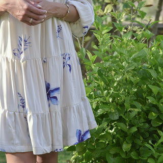 Petunia Dress - White Dress with Blue Flower Motifs