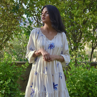 Petunia Dress - White Dress with Blue Flower Motifs