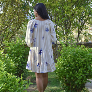 Petunia Dress - White Dress with Blue Flower Motifs