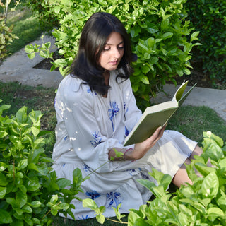 Petunia Dress - White Dress with Blue Flower Motifs