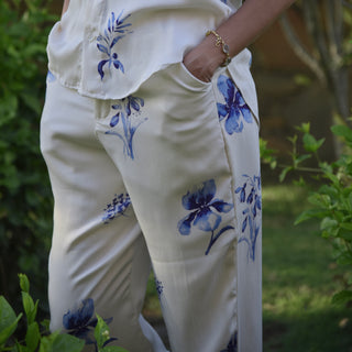 Fiorella Set-White Co-Ord Set with Blue Flower Motifs