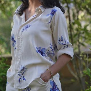 Fiorella Shirt -White with Blue Flower Motifs