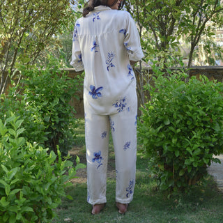 Fiorella Set-White Co-Ord Set with Blue Flower Motifs