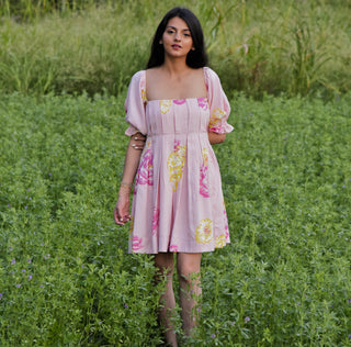 Eliza Dress - Pink Floral Pleated Dress with Pockets