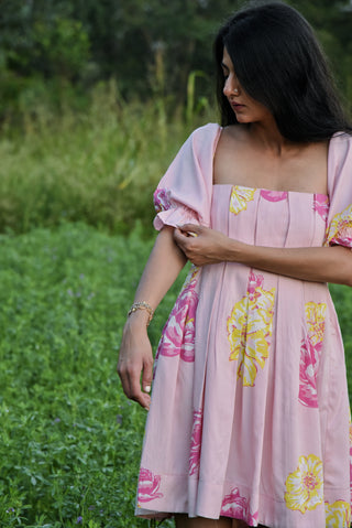 Eliza Dress - Pink Floral Pleated Dress with Pockets