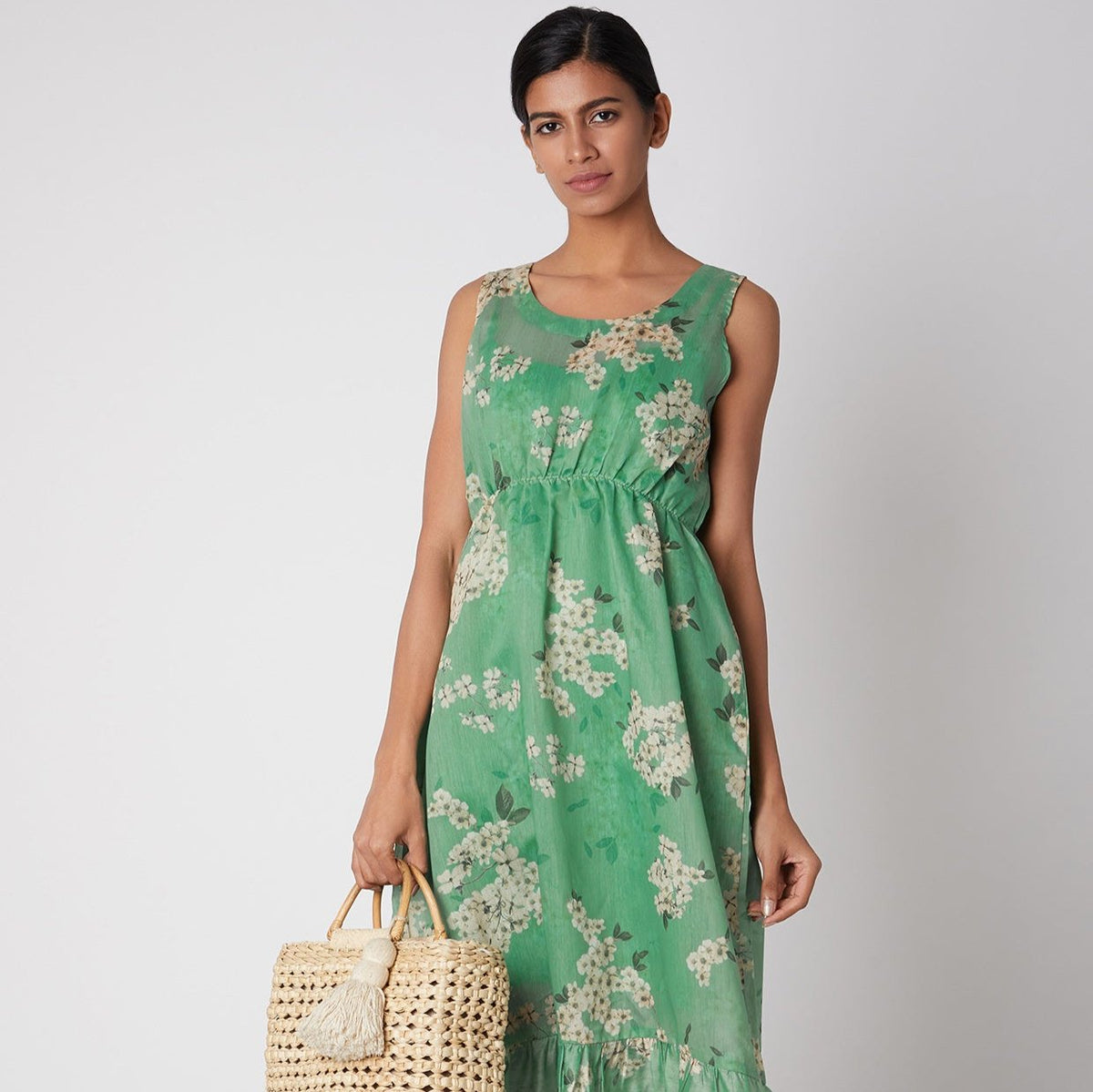 Green organza Dress - Elegant Fit-and-Flare Midi Dress