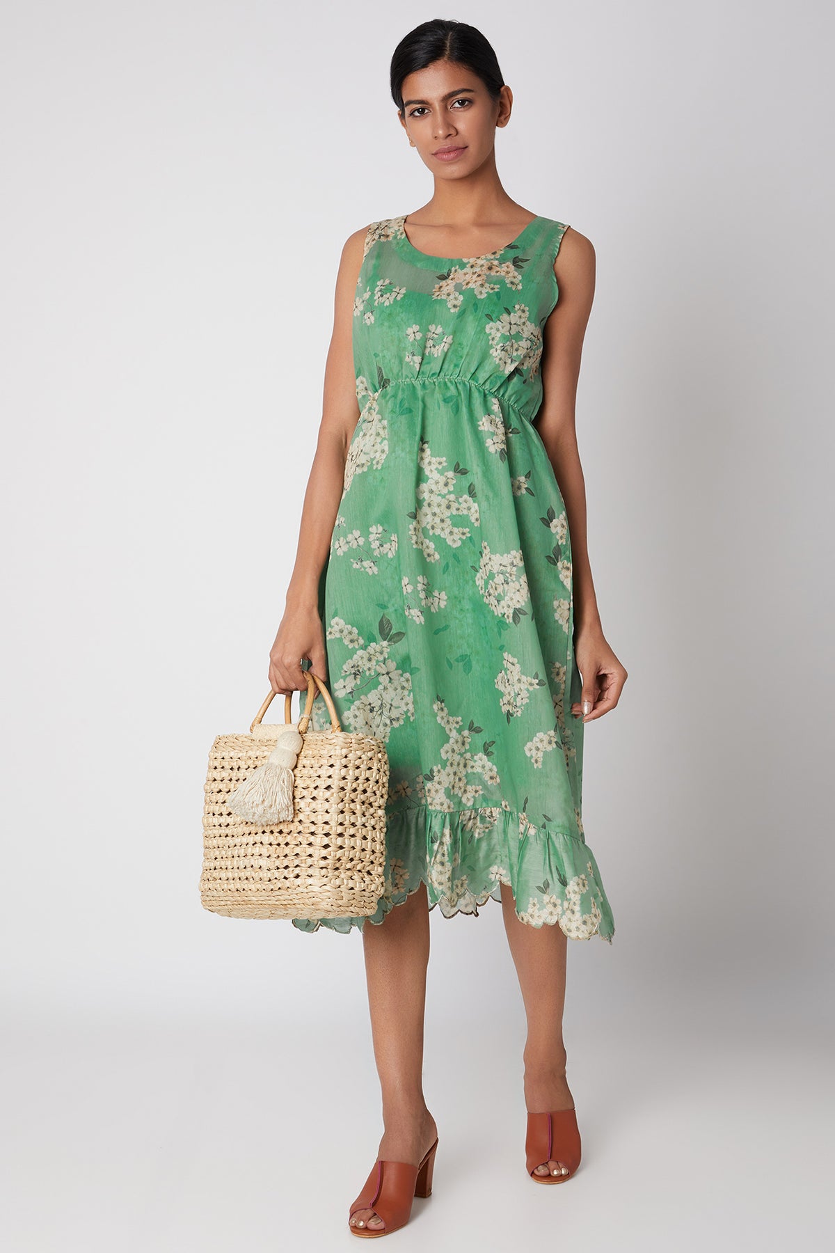 Green organza Dress - Elegant Fit-and-Flare Midi Dress