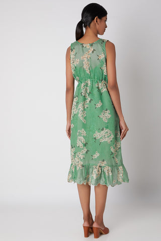 Green organza Dress - Elegant Fit-and-Flare Midi Dress