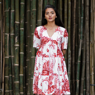 Camellia - 3-Tiered Red Lotus Print Fit & Flare with V Neckline