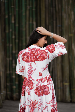 Camellia - 3-Tiered Red Lotus Print Fit & Flare with V Neckline