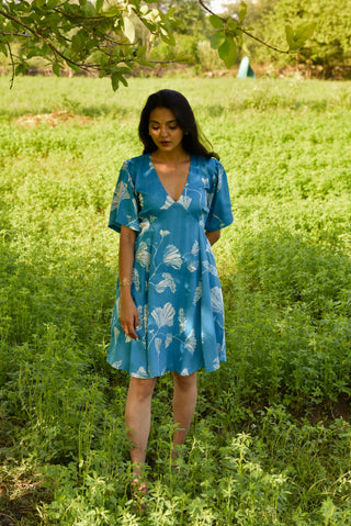 Siria Dress - Elegant Blue Printed Flare Dress with Pockets