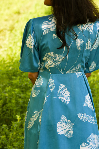 Siria Dress - Elegant Blue Printed Flare Dress with Pockets