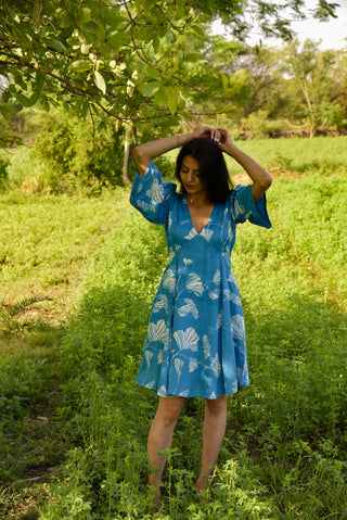 Siria Dress - Elegant Blue Printed Flare Dress with Pockets