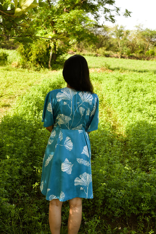 Siria Dress - Elegant Blue Printed Flare Dress with Pockets